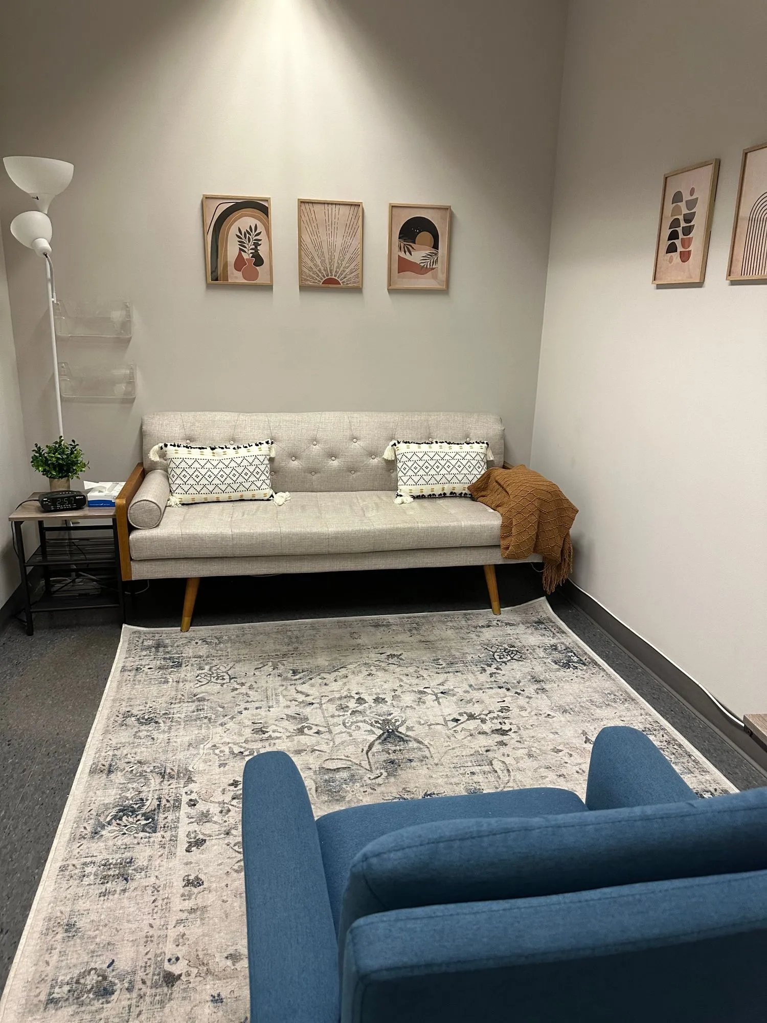 Reyhane Sheikh's therapy office — a calm seating area with soft furnishings