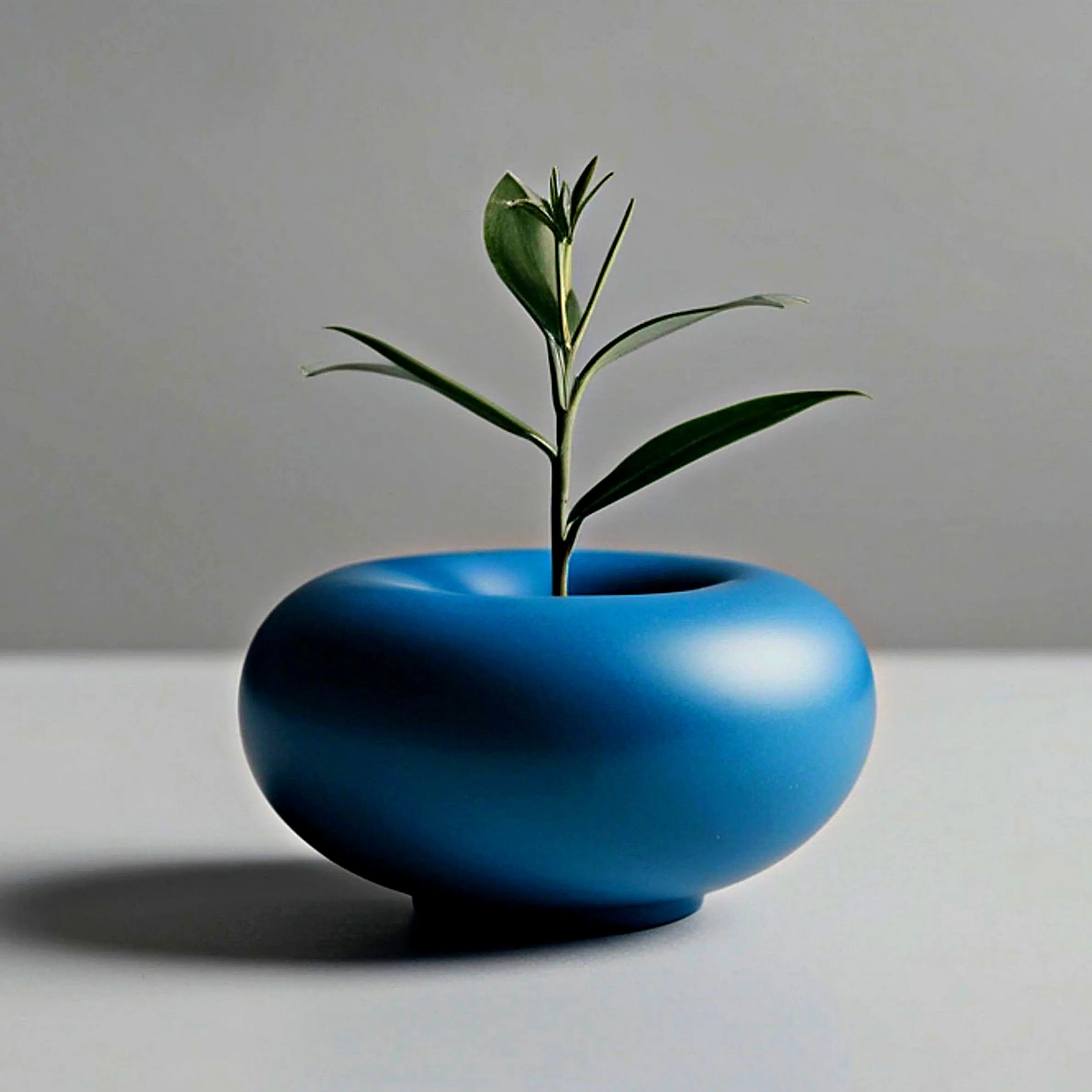 A small olive seedling growing from a smooth teal-blue vessel